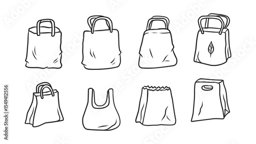 Collection of Hand-Drawn Eco-Friendly Shopping Bags and Sustainable Packaging Designs