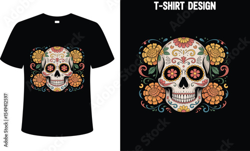 Day of the dead sugar skull t shirt design with floral elements and vintage style for apparel and fashion editable stock vector