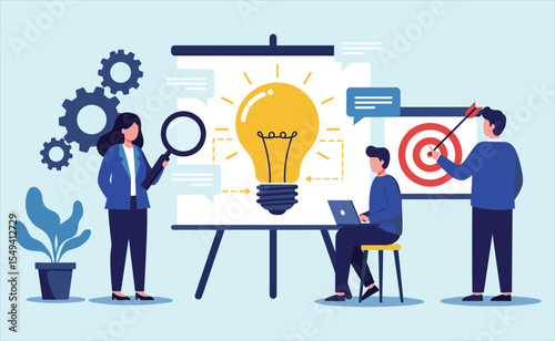 Collaborative Business Innovation and Strategy Session: Team Brainstorming Ideas, Analyzing Targets, and Developing Solutions for Success and Growth
