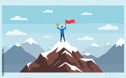 Professional Standing Victorious on Mountain Peak: Celebrating Success, Achievement, and Reaching Business Goals with Trophy and Flag