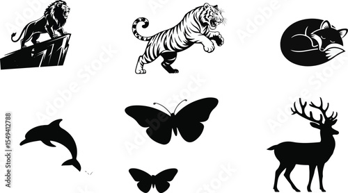 A collection of black and white animal silhouettes including a lion tiger and butterfly deer fox dolphin