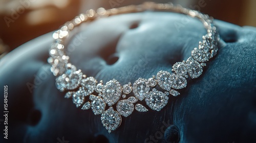 A close-up of a delicate piece of jewelry with sparkling diamonds, placed on a velvet cushion, symbolizing elegance, luxury, and the refined beauty of precious gems and craftsmanship. --