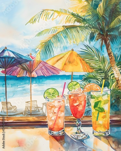 Three drinks are on a table with umbrellas in the background