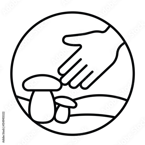 Hand and mushrooms thin line icon, eco tourism concept. Vector graphics. Mushroom hunting with human hand sign on white background, style mobile or design.