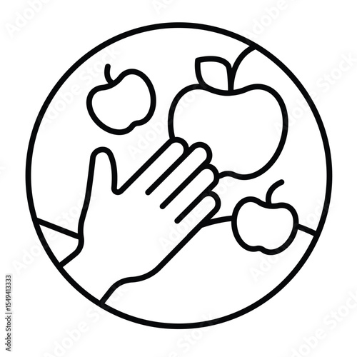 Hand and apple fruit thin line icon, eco tourism concept. Vector graphics. Fruit harvesting with human hand sign on white background, style mobile or design.