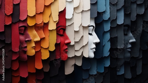 An eye-catching artistic display of human profiles molded with textured materials, showcasing diversity and creativity through vibrant colors and thoughtful design.
