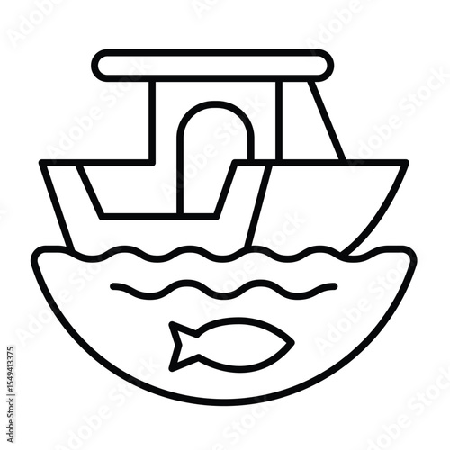Boat on water waves and fish thin line icon, eco tourism concept. Vector graphics. Fishing motorboat, water transport sign on white background, style mobile or design.