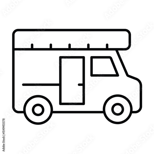 Trailer vehicle thin line icon, eco tourism concept. Vector graphics. Van truck, motorhome bus, transport sign on white background, style mobile or design.
