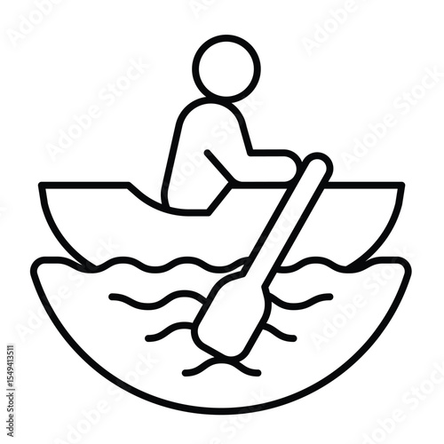 Kayak boat with man thin line icon, eco tourism concept. Vector graphics. Human in canoe boat on water, kayaking sign on white background, style mobile or design.