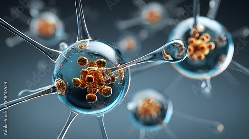 3D rendering of transparent molecular structures floating on a smooth blue background for science visualization.