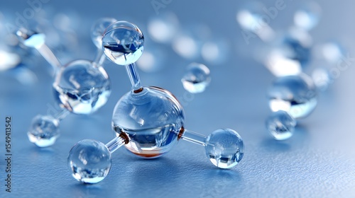 3D rendering of transparent molecular structures floating on a smooth blue background for science visualization.
