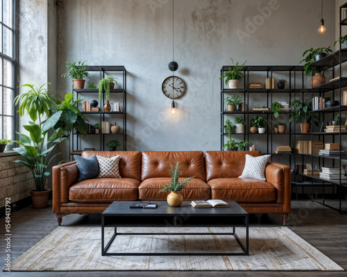 Urban and industrial loft style featuring a vintage leather article sofa matte black steel coffee table and open wire shelves filled with plants and books-