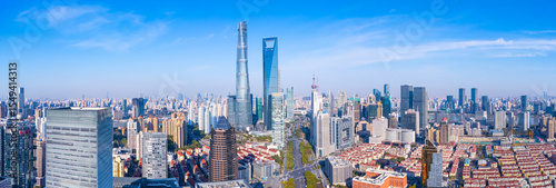 Aerial view of Shanghai skyscrapers and residential buildings in downtown.