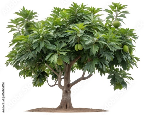 Breadfruit tree with ripe fruits isolated on pure white background