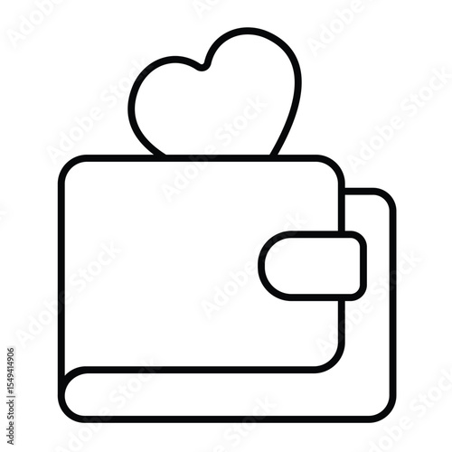 Leather wallet with heart thin line icon, charity concept. Vector graphics. Purse with love heart shaped coin, donation sign on white background, style mobile or design.
