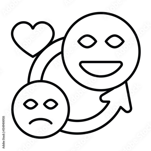 Smileys with circular arrow and heart thin line icon, charity concept. Vector graphics. Sad and good mood, emoticon sign on white background, style mobile or design.