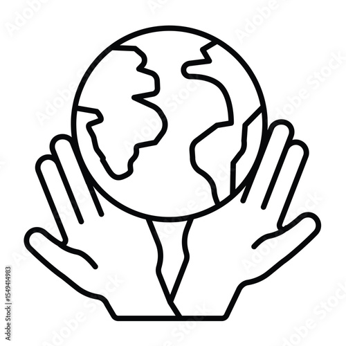 Planet in human palm hands thin line icon, charity concept. Vector graphics. World globe with hands sign on white background, style mobile or design.