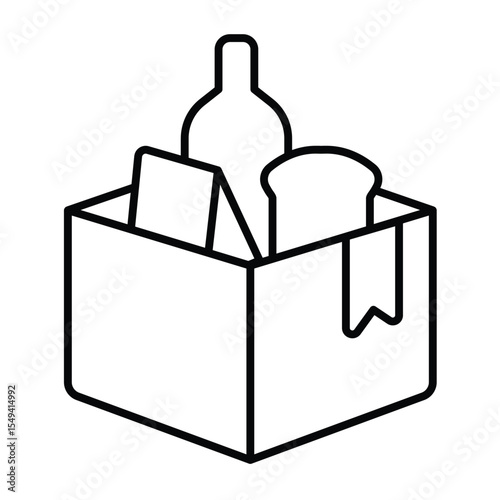 Cardboard box with food and drink thin line icon, charity concept. Vector graphics. Humanitarian aid box, donation sign on white background, style mobile or design.
