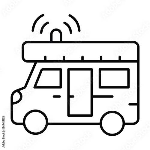Ambulance car with siren thin line icon, charitable medicine concept. Vector graphics. Medical assistance, emergency vehicle sign on white background, style mobile or design.