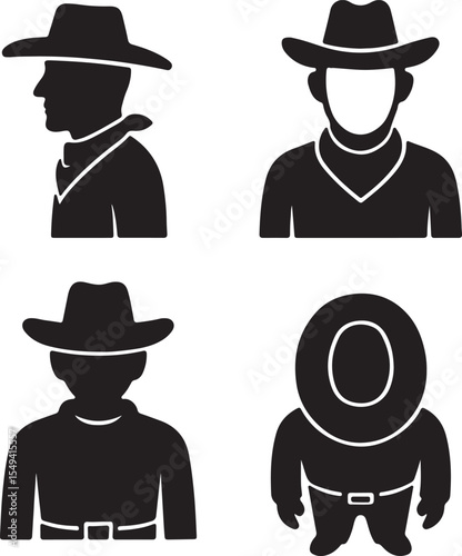 cowboy silhouette icons set side, front, back, and top views vector art illustration