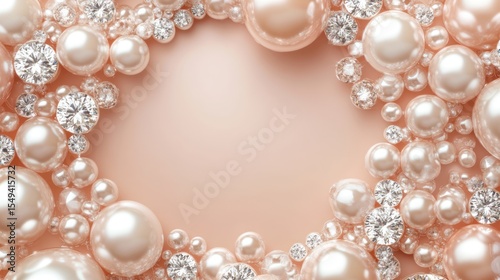Peach-toned background framed by pearls and diamonds