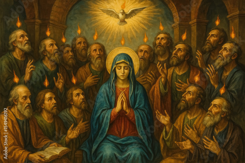 Classical painting of Pentecost—Mary and apostles bathed in tongues of fire beneath descending dove, symbolizing Holy Spirit, generative AI