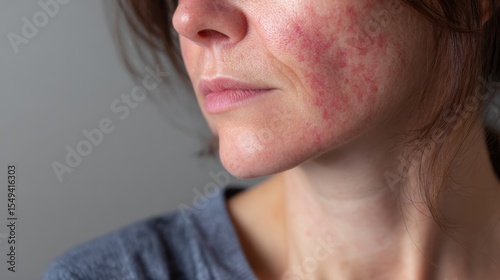 Test for Atopic dermatitis. Close-up of a woman's face showing skin texture and subtle imperfections.