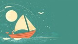 Illustration of a Boy Sailing on a Boat at Night Under the Moon