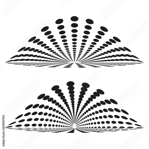 Fan pattern design. Radiating line elements. Vector spread shapes. Black decorative motifs.