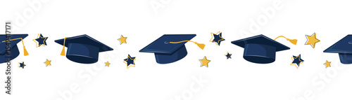 Seamless Border Strip With Academic Caps, Gold Stars, And Tassels Arranged Horizontally On White. Education Celebration Concept For Banner And Print.