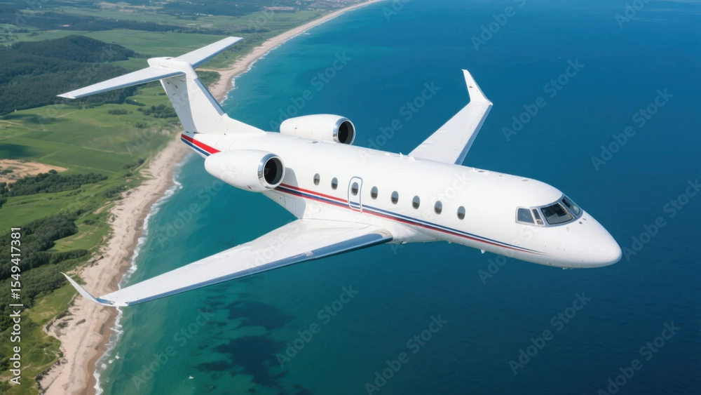 Fototapeta premium A white jet business jet, adorned with red and blue lines on its fuselage, is flying over the blue sea and green shore, presenting the dynamic beauty of flight.