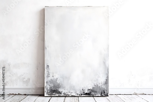 Abstract painting leaning against a white wall on a white wooden floor in a bright room space