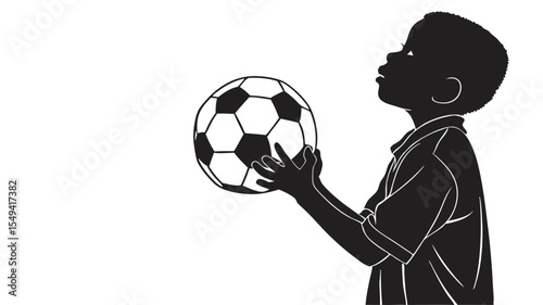 Silhouette of a young boy holding a soccer ball and looking up with a white background design style