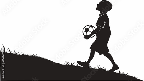 Silhouette of a boy walking uphill with a soccer ball looking up at the sky in black and white art