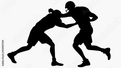 Silhouette of two football players in action showing a tackle during a game on a white background