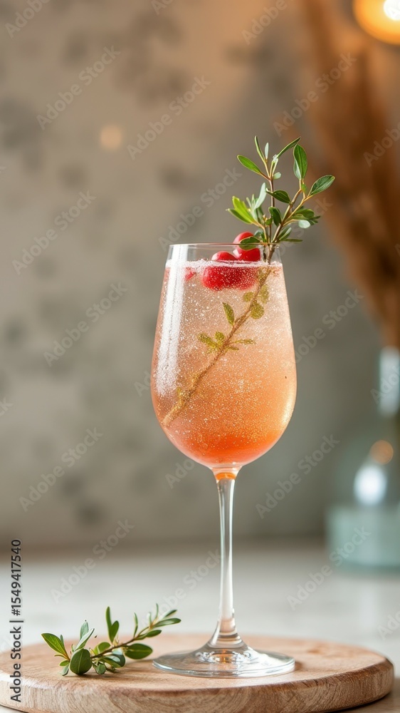 Fototapeta premium Sparkling berry mocktail with garnish on wooden board in soft lighting