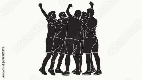 Silhouette of a group of men celebrating with arms raised and hugging each other in black and white