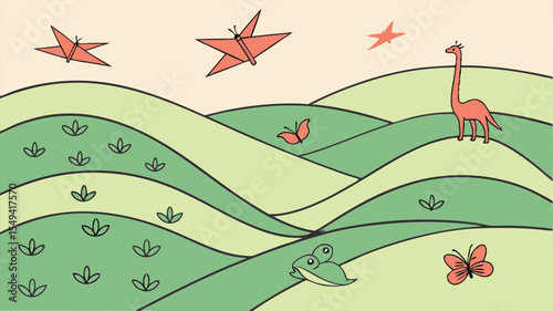 Charming landscape design featuring whimsical butterflies, dinosaurs, and rolling hills ideal for kids products and branding