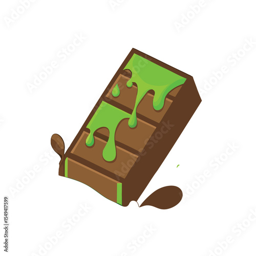Dubai Chocolate, Green Kunafa and pistachio stuffed inside a chocolate bar, broken pieces of Chocolate isolated set collection, simple flat vector illustration.