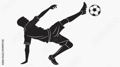 Silhouette of a soccer player kicking a ball high in the air with arm extended for balance and power