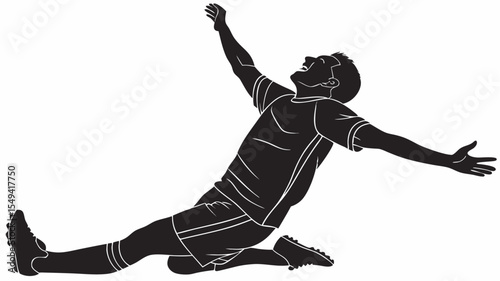 Silhouette of a soccer player celebrating a goal with arms raised and sliding on his knees in victory