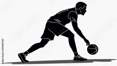 Silhouette of basketball player dribbling the ball on a white background in action and sport theme design
