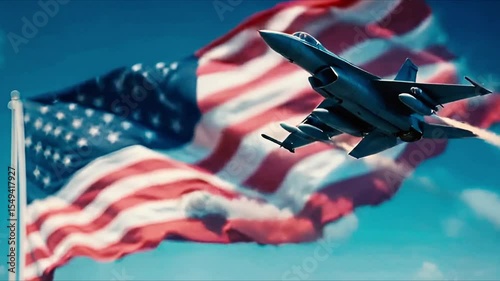 Missile bombs launched from a fighter jet soaring into a clear blue sky with a large USA flag as the backdrop. Thick smoke trails follow the missiles, creating an intense, powerful