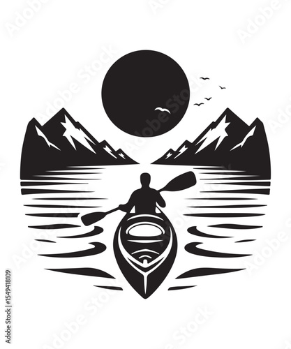 Man in Kayak Silhouette Vector On White Background.