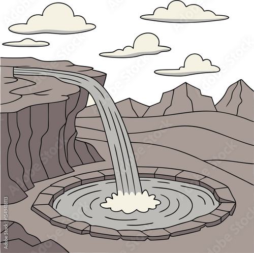 Serene Waterfall cascading into a tranquil pool amidst majestic mountains and fluffy clouds