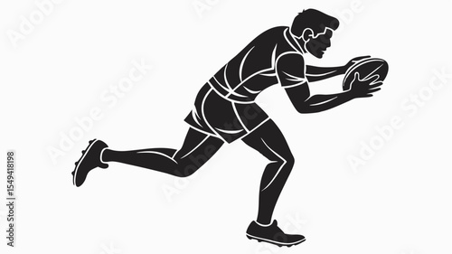 Silhouette of a rugby player running with the ball extended in front of him in a black and white image