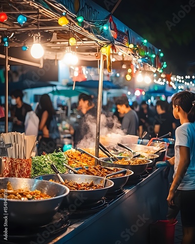 Fototapeta Naklejka Na Ścianę i Meble -  Food stand with a lot of food and people standing around it