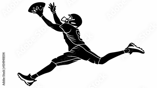 Silhouette of a football player in mid air catching a football with outstretched arms and legs extended
