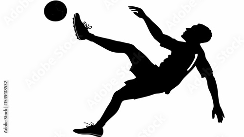 Silhouette of a soccer player kicking a ball in mid air with outstretched arms and leg extended out