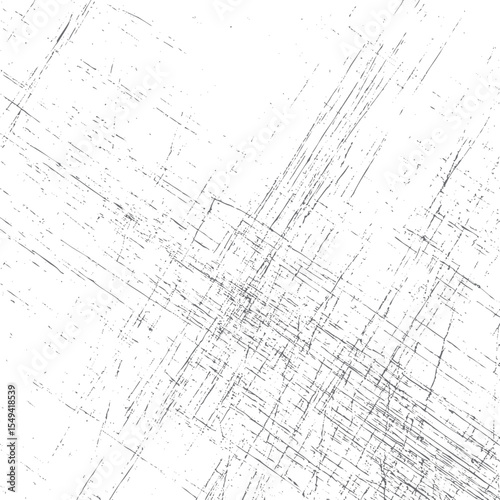 Chaotic Linear Scratch Grunge Texture on White. Distressed Overlay of Intersecting Lines and Noise. Abstract Worn Graphic Pattern for Print and Web. Isolated Black and White Vector Design.